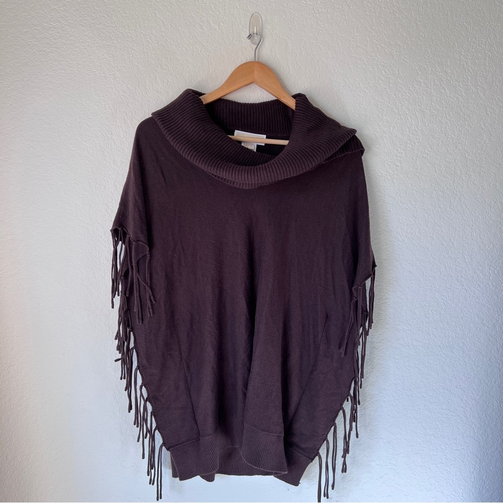 Michael Michael Kors Brown Cowl Neck Fringe Sweater Cape Size Medium